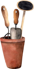 Garden tools in a clay pot with watercolors