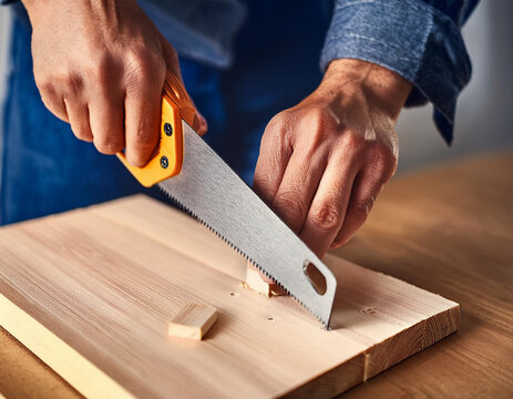 Close up de las manos de un hombre profesional carpintero trabajando cortando una tabla de madera con una sierra o serrucho