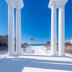 Beach view through white columns.