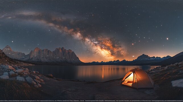 Starry Night Sky Over a Tent by the Lake