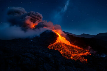 Fototapeta premium Beneath a blanket of stars, a powerful volcano explodes, sending molten fire and smoke high into the night sky. 