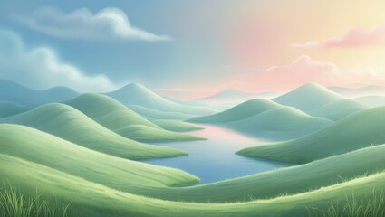 Obraz premium Serene Landscape Rolling Green Hills Calm Lake Pastel Sky at Dawn