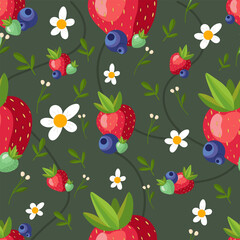 Strawberry and Daisy Pattern on Dark Green – Elegant Seamless Berry Background