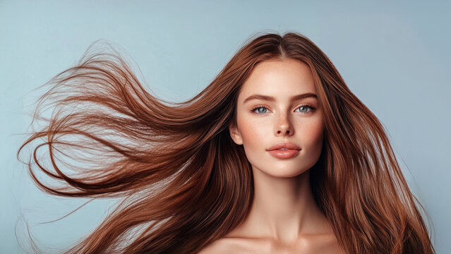 A woman with long, healthy hair allows it to flow freely against a soft blue background, showcasing the natural beauty and vitality of her hair under gentle lighting.