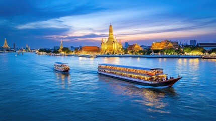 Fototapeta premium Scenic View of River Boats on Chao Phraya River at Dusk with Temple Silhouettes in Background