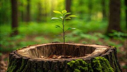 A small sapling emerges from a tree stump, symbolizing renewal and the resilience of nature in a lush, green forest.