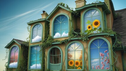 Fototapeta premium Enchanting House with Seasonal Windows Sunflowers and Ivy