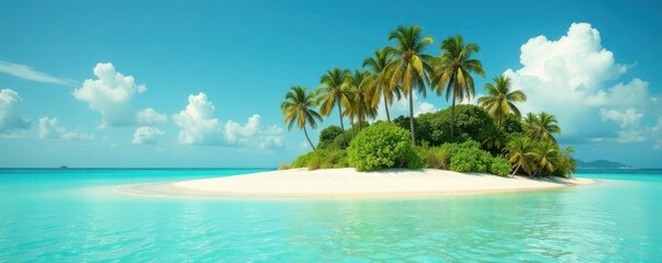 Vintage toned photo of a deserted tropical island with palm trees and clear blue waters, film distressed, desert island
