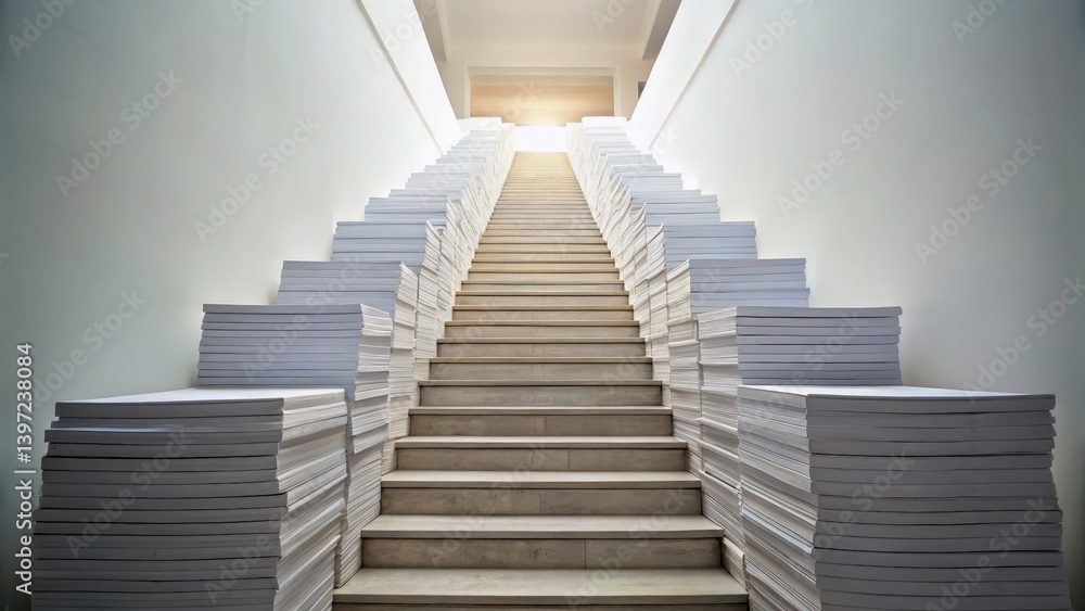 Poster a staircase flanked by large stacks of blank paper, creating a minimalist and modern aesthetic with 