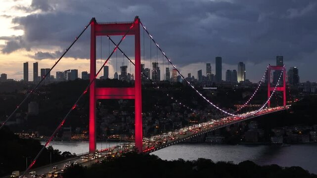 Fatih Sultan Mehmet Bridge in the Night Lights Drone Video, Kavacik Beykoz, Istanbul T&uuml;rkiye (Turkey)

