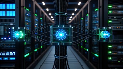 A futuristic server room featuring illuminated connections and advanced technology elements.