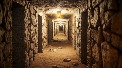 Obraz premium Underground medieval catacombs with dim torchlight, endless tunnels filled with ancient relics and bones
