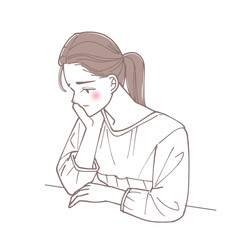 頬杖をついて考え事をしている女性のイラスト