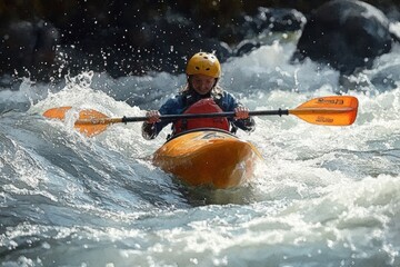 Dynamic Kayaking Adventure in White Water Rapids Under Sunlight