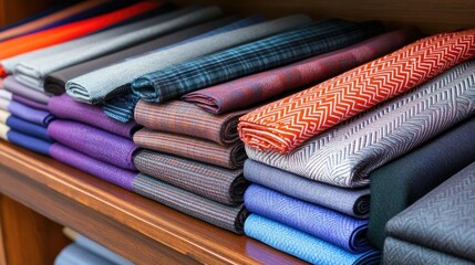 Fototapeta premium Close-up of Vibrant Fabric Rolls on Wooden Shelf in Tailor Shop