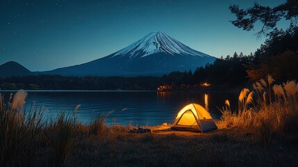 Serene night camping scene by a lake with illuminated tent and Mount Fuji in the background
