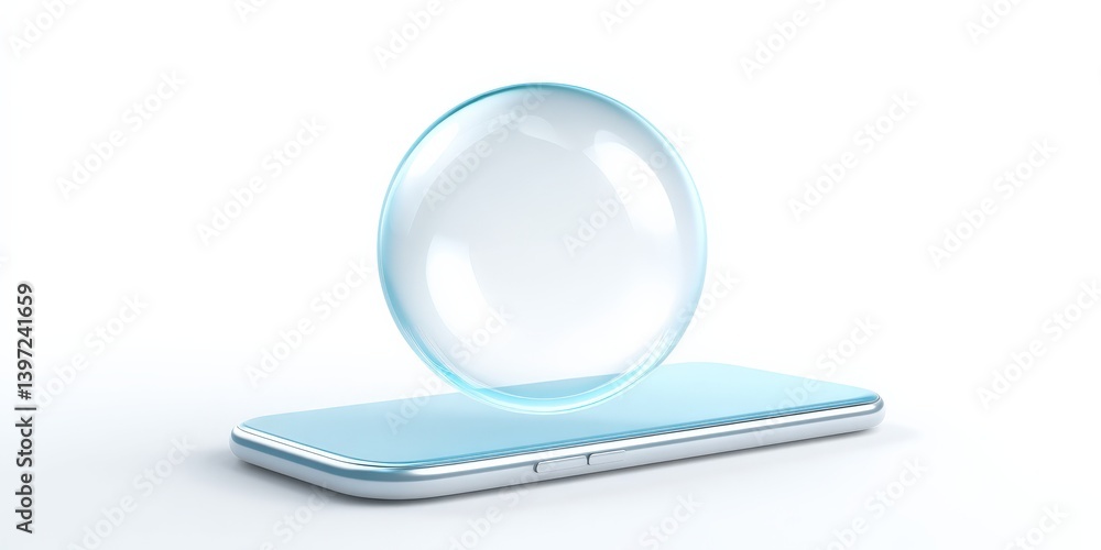 Aufkleber spam call phone security concept. modern smartphone with a floating glass orb above it.