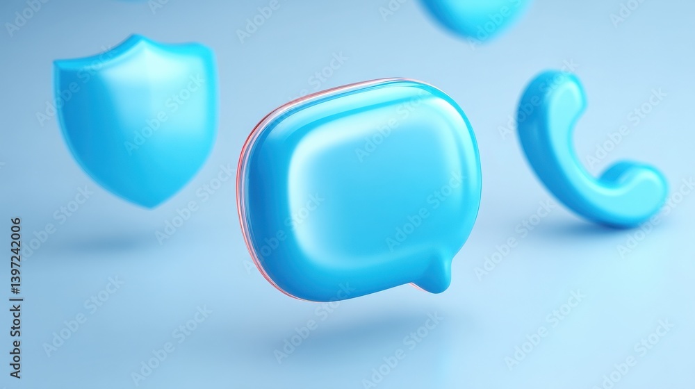 Poster spam call phone security concept. blue icons representing communication and security elements.
