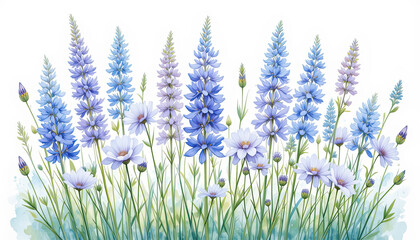 Watercolor Blue Flowers Background Image Delicate Floral Stems for Elegant Wallpaper