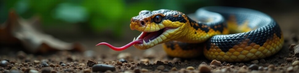 Fototapeta premium Venomous snake with forked tongue protruding from mouth, reptiles, facial features, blue viper snake