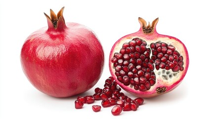 Fresh Pomegranate Half with Seeds and Whole Fruit Isolated on White Background