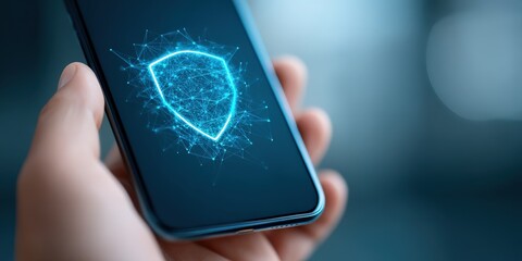spam call phone security concept. Hand holding smartphone displaying digital security shield graphic.