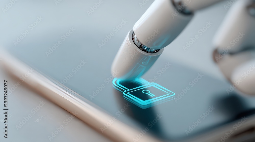 Aufkleber spam call phone security concept. robotic finger interacting with a digital lock on a smartphone scr