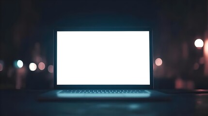 Fototapeta premium Blank White Screen on Laptop Computer in Dim Lighting Environment