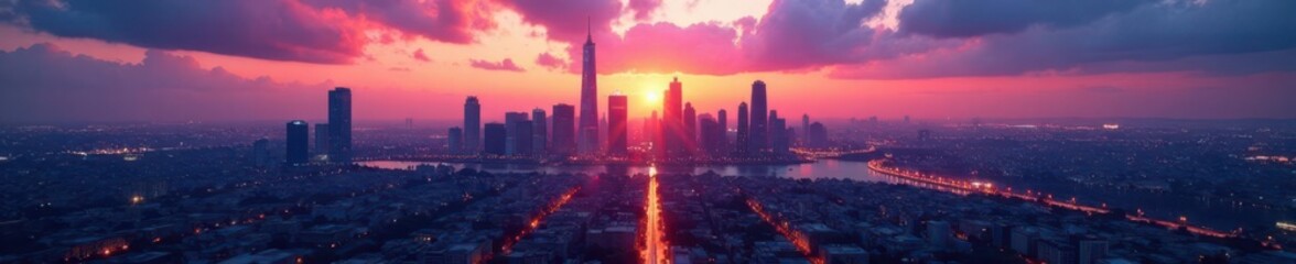 Fototapeta premium Urban landscape with modern cityscape at dusk, brick wall, outdoor poster