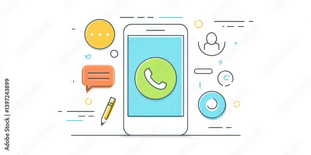 Aufkleber spam call phone security concept. mobile phone with communication icons surrounding it.