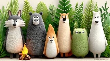 Obraz premium Adorable Cartoon Animals Gathered Around a Campfire in Nature
