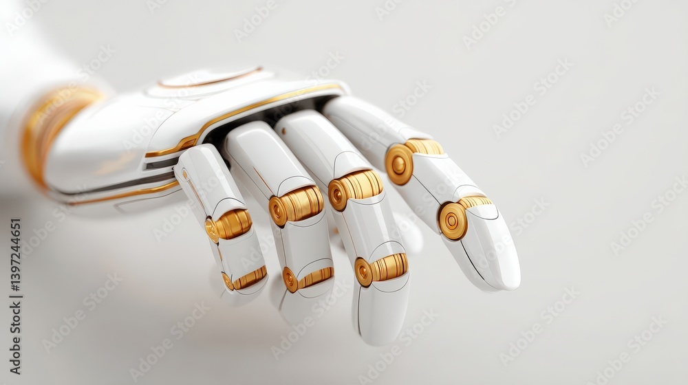 Poster spam call phone security concept. futuristic robotic hand with intricate design elements.