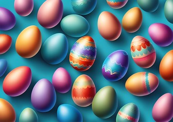 Colorful Easter Eggs Above View Blue Background
