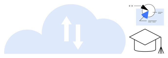 Cloud with data transfer arrows, analytic chart, graduation cap. Ideal for education, learning, technology, online courses, knowledge sharing innovation digital transformation. Flat simple metaphor