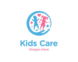Children Healthcare With Hand Care For Kids Clinic or Hospital Vector Logo Design Illustration