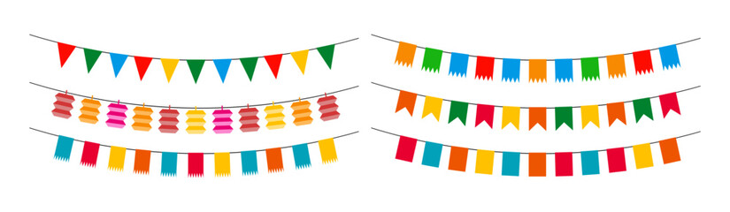 Party bunting decoration for birthday. Bright garland for holiday greetings, sale banners, poster, web template. Carnival festive flat vector style celebration. © absent84