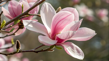 Obraz premium twig with blooming pink magnolia flowers close up over blue background, beautiful pink magnolia flowers blooming in the garden 