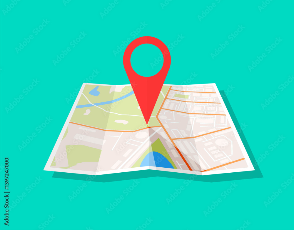 Poster location map with red pinpoint for navigation. cartography concept with navigation guide and road ro