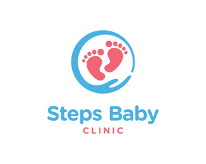 Steps Baby Footprint With Hand Care For Children Medical Clinic Vector Logo Design Illustration