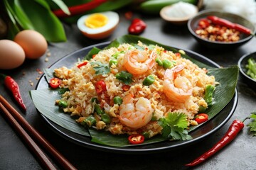 A flavorful plate of shrimp fried rice served on banana leaf.