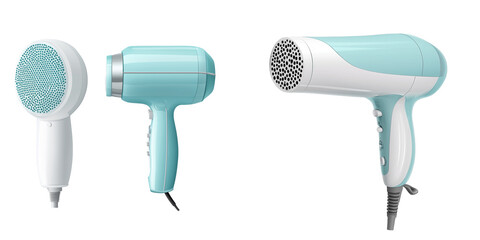 Set of a held mini cooker and hair dryer, isolated on transparent background.