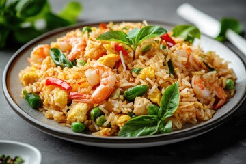 A flavorful plate of shrimp fried rice with vibrant vegetables.