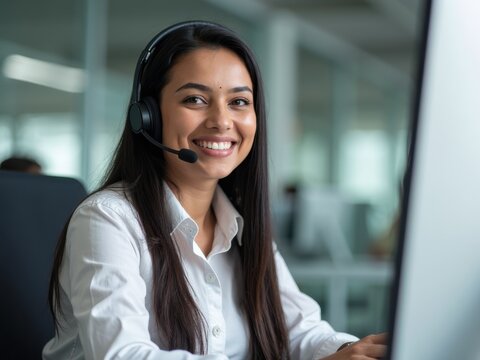 A friendly Indian call center agent wearing a headset is providing customer support in a bright, modern office. She smiles while engaging with clients.