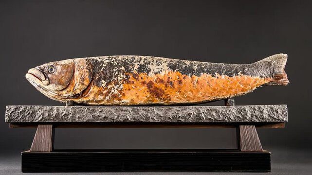 Realistic depiction of a salmon fish displayed on a stone base against a dark background