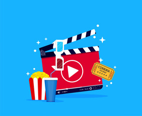 Movie time poster, cinema clapboard with play icon, 3d glasses, popcorn snack, soda drink cup, movie ticket for entertainment industry banner, theater advertising