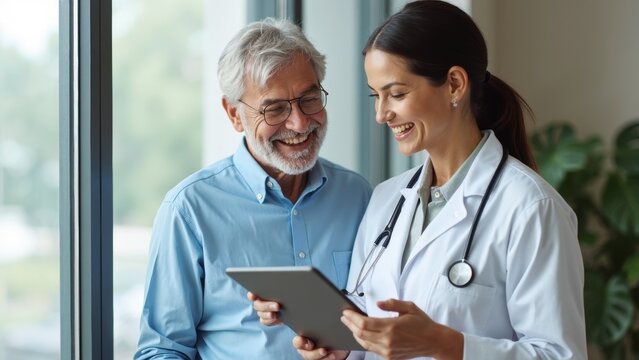 A cheerful female doctor and a senior patient share a moment as they discuss treatment options on a tablet in a well-lit office, both smiling and engaged.