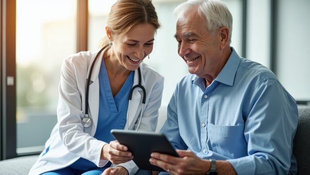 Happy female doctor and senior patient engage in a discussion about treatment while reviewing results on a tablet in a well-lit consultation room.