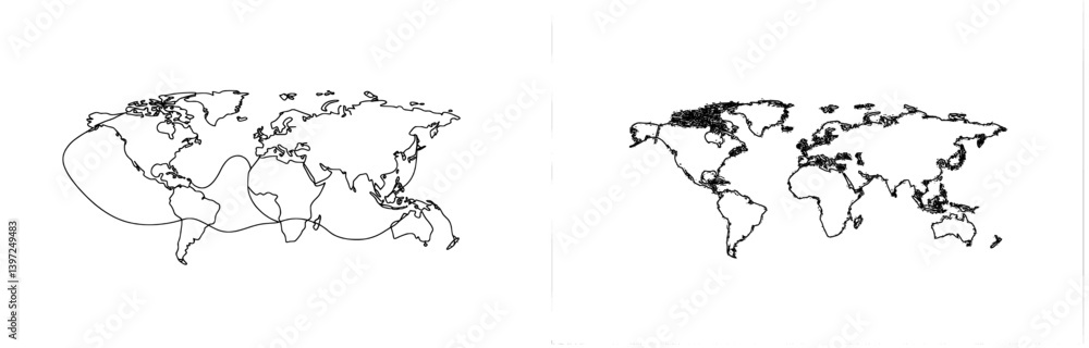 Aufkleber a hand-drawn world map created with scribble line art is isolated on a white background