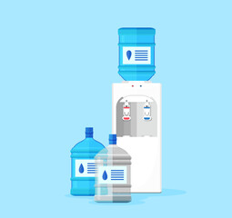 Water dispenser with 5 gallon bottles of pure water for quick refreshment and hydration, cold and hot potable water, flat style illustration for website, banner