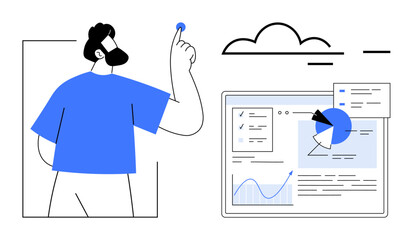 Man interacting with data visualization, charts, and analytics screen under a cloud. Ideal for technology, data management, cloud computing, business analytics, innovation, productivity simple